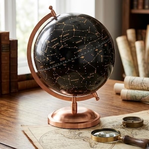 Könnte beinhalten: Ein Himmelsglobus mit einer schwarzen Kugel, die mit goldenen Sternbildern und Sternkarten versehen ist. Der Globus ist auf einem kupferfarbenen Metallständer mit rundem Fuß und Meridianring montiert und zeigt detaillierte astronomische Markierungen.