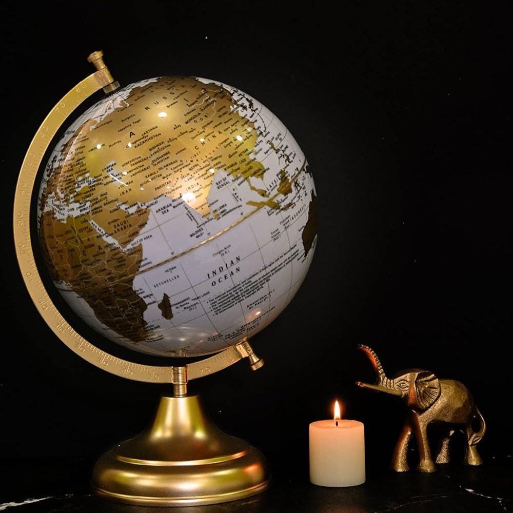 10" Inch Educational World Globe White Gold Metal Arc Base Political Map Desk Decor