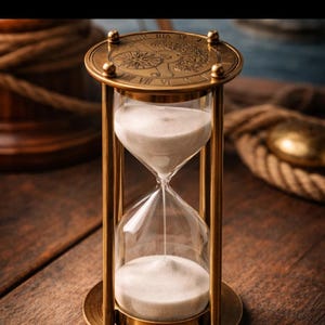 May include: An hourglass with a metallic brass frame and a circular base. The top plate features engraved Roman numerals and a central circular design. Clear glass bulbs contain fine white sand, with a steady stream flowing from the top to the bottom.