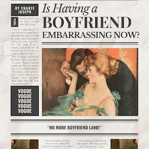 Puede incluir: Una página de periódico de Vogue.com con el titular "Is Having a Boyfriend Embarrassing Now?" con fecha del 29 de octubre de 2025. La página presenta una ilustración de una pareja y artículos sobre relaciones modernas.