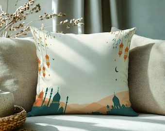Ramadan Pillow Cover, Eid Mubarak Cushion Cover, Islamic Lantern & Mosque Pillowcase, Muslim Home Decor, Neutral Throw Pillow