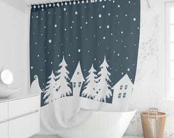 Christmas Shower Curtain Winter Snowy Village & Trees – Dark Teal White Scandinavian Holiday Bathroom Decor, Modern Rustic Farmhouse