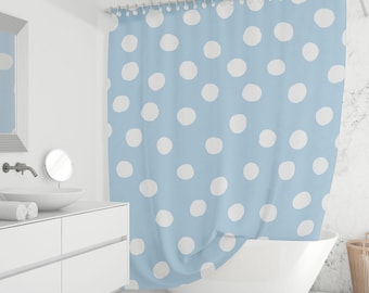 Cortina de ducha de lunares azules - Lunares azul claro, decoración de baño moderna, tela impermeable, tamaños personalizados