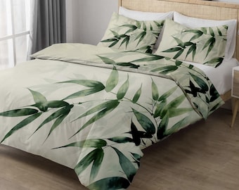 Green Bamboo Duvet Cover Set – Japandi Botanical Bedding with Pillowcases (Twin/Full/Queen/King)