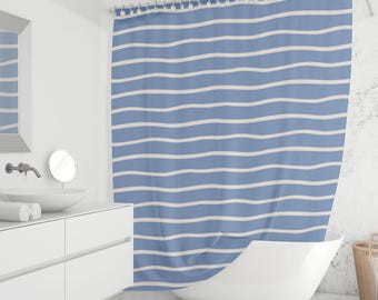 Blue Wave Stripe Shower Curtain - Coastal Nautical Bathroom Decor, Wavy Horizontal Stripes, Fabric Curtain, Custom Sizes