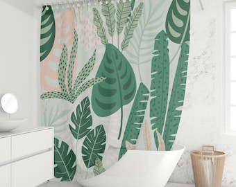 Cortina de ducha con hojas tropicales – Monstera verde, estilo boho moderno, decoración de baño, tela impermeable, para amantes de las plantas