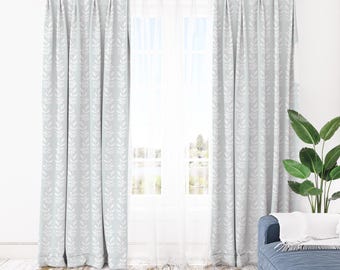 Light Blue Leaf Blackout Curtains Custom Size 1 or 2 Panels Scandinavian Botanical Drapes Grommet Rod Pocket Pin Hook Bedroom Living Room