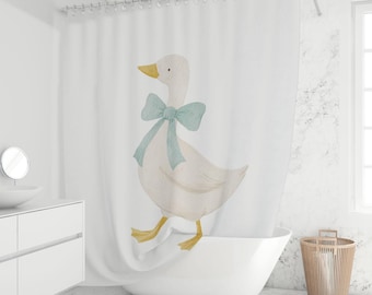Duck Shower Curtain with Bow Watercolor Goose Farmhouse Country Cottage Kids Bathroom Decor Waterproof Fabric Custom Sizes