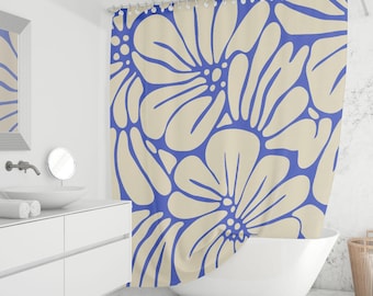 Beige Floral Shower Curtain - Blue Flower Print, Modern Bathroom Decor, Bold Fabric Curtain, Custom Sizes