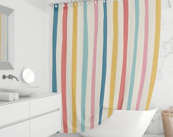 Colorful Striped Shower Curtain - Boho Rainbow Pastel Stripes, Modern Bathroom Decor, Fabric Curtain, Custom Sizes