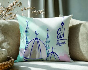 Eid Mubarak Pillow Cover, Islamic Mosque Cushion, Minimal Muslim Home Decor, Crescent Moon Eid Throw Pillow, Neutral Ramadan Decor