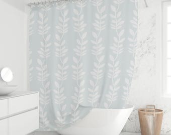 Light Blue Leaf Shower Curtain Scandinavian Minimal Botanical Vine Pattern Bathroom Decor Waterproof Fabric Custom Sizes