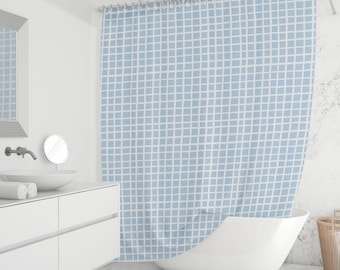 Light Blue Grid Shower Curtain, Minimalist Bathroom Decor, Modern Square Pattern, Waterproof Fabric, Custom Sizes