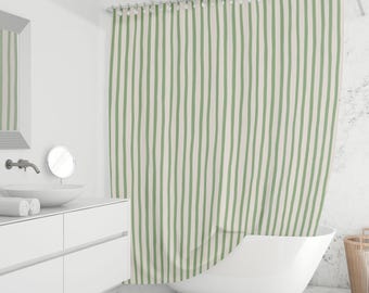 Sage Green Thin Stripe Shower Curtain - Modern Farmhouse Bathroom Decor, Minimal Striped Fabric, Custom Sizes