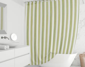Sage Green Striped Shower Curtain - Vertical Green Stripes, Modern Bathroom Decor, Neutral Fabric Curtain, Custom Sizes