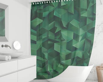 Emerald Green Geometric Shower Curtain - Dark Green Abstract Bathroom Decor, Modern Fabric Curtain, Custom Sizes