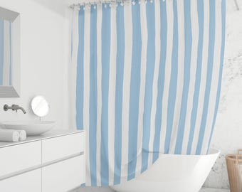Light Blue Striped Shower Curtain - Vertical Stripe, Coastal Bathroom Decor, Beach House Style, Waterproof Fabric, Custom Sizes