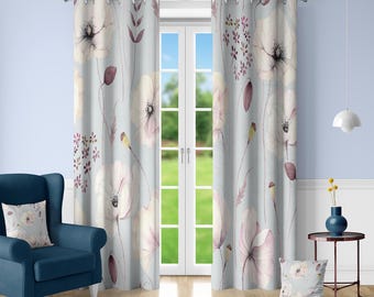 Watercolor poppy curtains pastel floral drapes light blue blush pink bedroom living room nursery custom size 1 or 2 panels room darkening