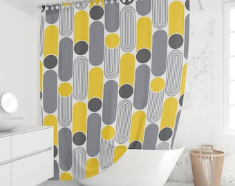 Mid-Century Modern Shower Curtain – Mustard Yellow & Gray Geometric Retro Pattern, Abstract Mod Bathroom Decor, Waterproof Fabric