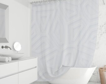 White Geometric Pattern Shower Curtain - Modern Minimalist Bathroom Decor, Abstract 3D Fabric, Custom Sizes