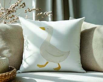 Watercolor Duck Throw Pillow – Farmhouse Nursery Cushion Cover, Cottagecore Animal Decor for Kids Room, Pillowcase 16x16 18x18 20x20 14x22