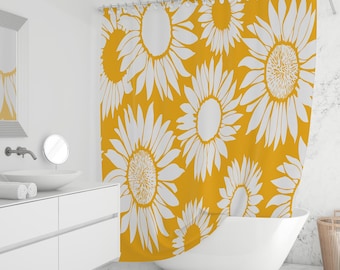 Sunflower Shower Curtain – Mustard Yellow & White Floral | Boho Farmhouse Bathroom Decor | Waterproof Fabric, Custom Sizes