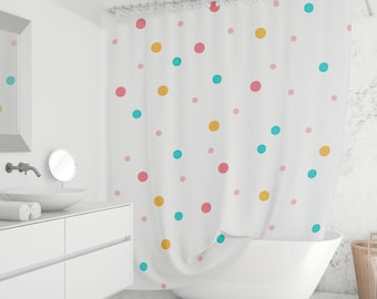 Colorful Polka Dot Shower Curtain - Rainbow Dots, Kids Bathroom Decor, Playful Pastel Fabric, Custom Sizes