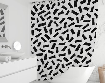 Black and White Abstract Shower Curtain, Modern Brush Block Pattern Bathroom Decor, Minimal Monochrome Fabric Curtain