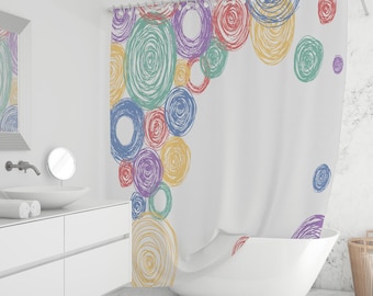 Colorful Abstract Circle Shower Curtain Modern Scribble Pattern Bathroom Decor Mid Century Art Boho Playful Bath
