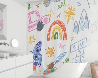 Kids Doodle Shower Curtain – Rainbow, Rocket & Car Print, Colorful Bathroom Decor for Children, Playroom Bath, Custom Sizes