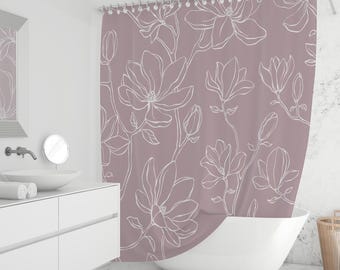 Mauve Magnolia Shower Curtain, White Line Art Floral, Japandi Botanical Bathroom Decor, Waterproof Fabric, Custom Sizes