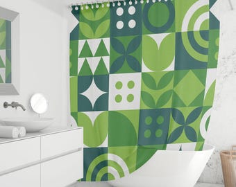 Green Geometric Shower Curtain - Mid Century Modern Bathroom Decor, Bold Retro Pattern, Fabric Curtain, Custom Sizes