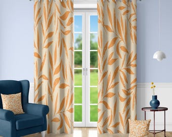 Terracotta Leaf Room Darkening Curtains Custom Size Botanical Drapes Beige Orange 1 or 2 Panels Grommet Rod Pocket Pin Hook