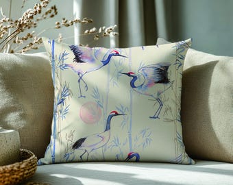Japanese crane pillow cover red crowned cranes with bamboo watercolor throw pillow cushion case custom size option