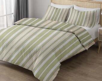 Sage Green Stripe Duvet Cover Set – Modern Neutral Bedding with Pillowcases (Twin/Full/Queen/King)