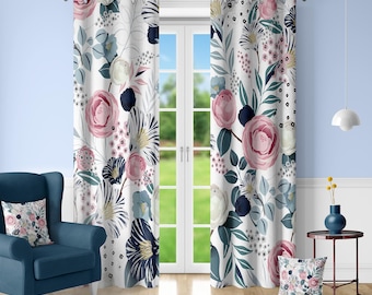 Blush Pink Navy Floral Curtains Peony Botanical Drapes Custom Size 1 or 2 Panels Room Darkening for Bedroom Living Room Nursery
