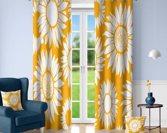 Yellow Sunflower Curtains, Room Darkening Custom Drapes – 1/2 Panels, Grommet/Rod Pocket/Pin Hook, Floral for Living/Bedroom