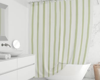 Sage Green Wide Stripe Shower Curtain - Green Striped, Modern Farmhouse Bathroom Decor, Vertical Fabric Curtain, Custom Sizes