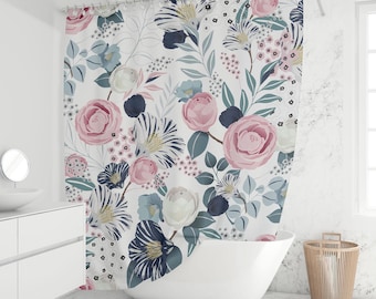 Peony Rose Floral Shower Curtain – Pink & Navy Botanical Bathroom Decor, Cottagecore Farmhouse Style, Vintage Garden Print, Custom Size
