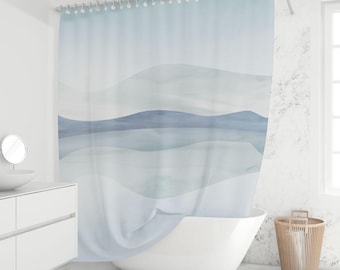 Watercolor Blue Landscape Shower Curtain Abstract Mountain Lake Coastal Bathroom Decor Minimalist Japandi Waterproof Custom Sizes