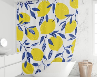 Lemon Shower Curtain Yellow Blue Citrus Leaves Mediterranean Coastal Bathroom Decor Waterproof Fabric Custom Sizes