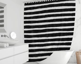 Black and White Hand Drawn Stripe Shower Curtain, Modern Minimal Bathroom Decor, Abstract Horizontal Stripe Fabric Curtain