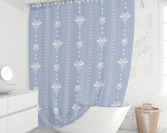 Periwinkle Blue Scandinavian Folk Tulip Stripe Shower Curtain Nordic Boho Bathroom Decor Waterproof Fabric Custom Sizes