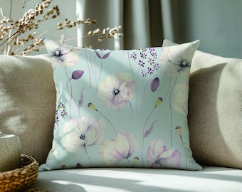 Pastel Watercolor Poppy Throw Pillow Mint Floral Cushion Cover Botanical Nursery and Living Room Decor