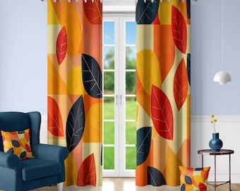 Autumn Leaves Window Curtains Orange Red Mustard Navy Geometric Mid Century Modern Drapes Custom Size 1 or 2 Panels Room Darkening