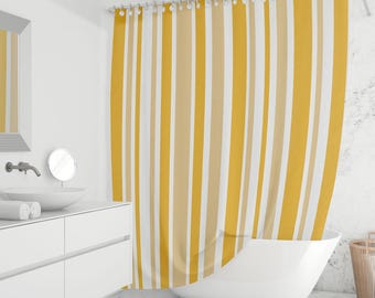 Yellow Striped Shower Curtain - Mustard and Beige Vertical Stripes, Modern Boho Bathroom Decor, Waterproof Fabric, Custom Sizes
