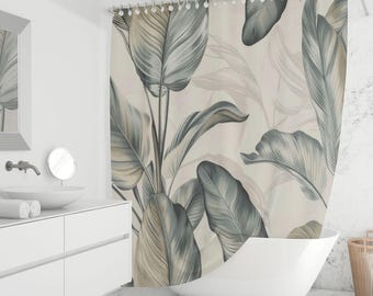 Tropical Banana Leaf Shower Curtain - Neutral Botanical Bathroom Decor, Beige and Green Palm Leaves, Fabric Curtain, Custom Sizes
