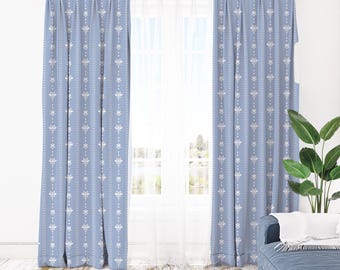Periwinkle Blue Stripe Floral Blackout Curtains Custom Size 1 or 2 Panels Scandinavian Botanical Drapes Grommet Rod Pocket Pin Hook