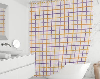 Purple and Yellow Grid Shower Curtain - Colorful Checkered Bathroom Decor, Modern Geometric Fabric, Custom Sizes
