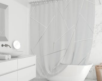 White Abstract Line Shower Curtain - Minimalist Geometric Bathroom Decor, Modern Fabric Curtain, Custom Sizes